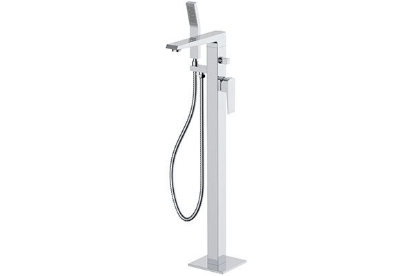 How does the floor-standing single column shower design enhance the overall beauty of the bathroom space?